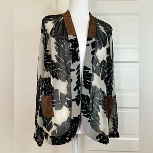 Soft Surroundings Black Floral Bronze Sequin Sheer Open Cardigan, Size Large